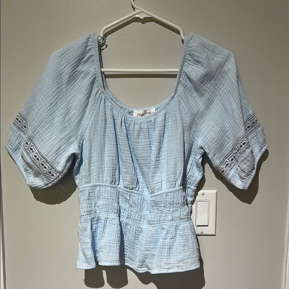 Pink Rose Blue Puff Sleeve Smocked Peplum Blouse